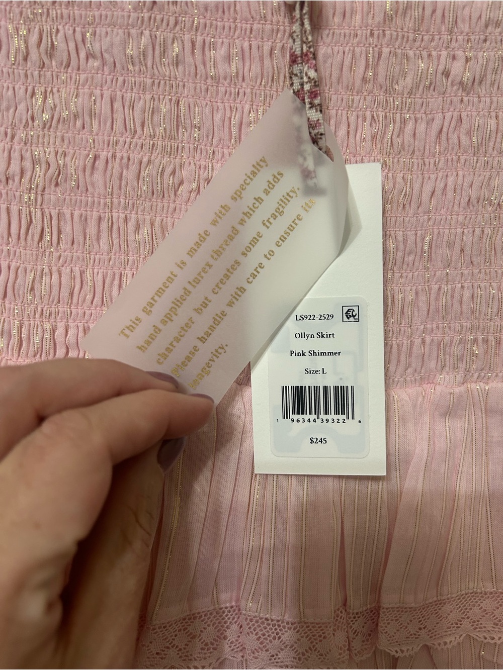 LoveShackFancy Ollyn Pink Shimmer Smocked Tiered Mini Skirt NWT Large - Picture 2 of 5